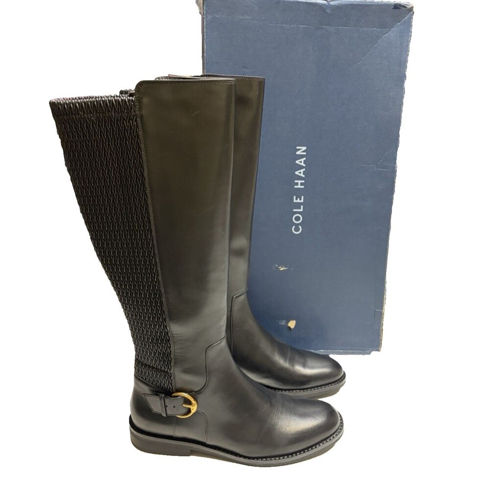 Cole Haan Clover Stretch Buckle Knee High Boots Size 7.5 B (Medium) Black NIB